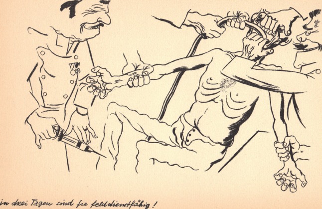 Çizim: George Grosz. 1928 yılında Aslan Asker Şvayk oyunu için yaptığı çizimlerden.